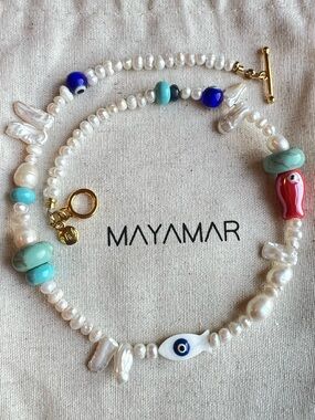Freshwater Pearl & Turquoise Beaded Necklace with 24k Gold Plated Closure NWOT